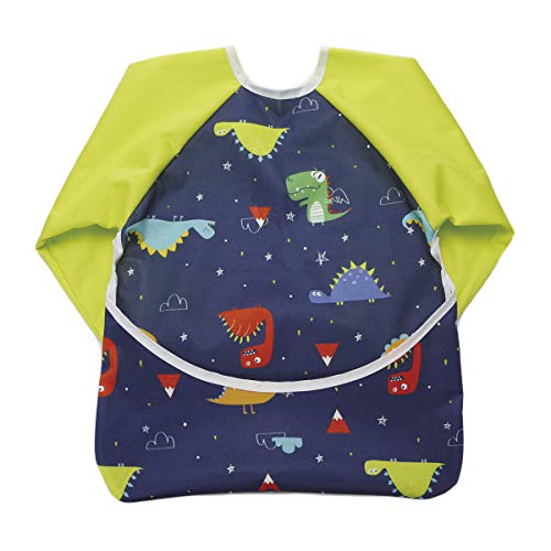 Hi Sprout Infant Toddler Baby Waterproof Sleeved Bib, Bib with Sleeves&Pocket, 6-24 Months (Dinosaurs)