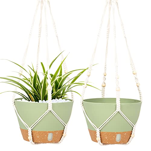 Qcqhdu Hanging Planters For Indoor Plants,2 Pack Macrame Plant Hanger With Pots With Cotton Rope,Hanging Plant Holder Outdoor Home Decor. (Green-10 Inch) #TOP24