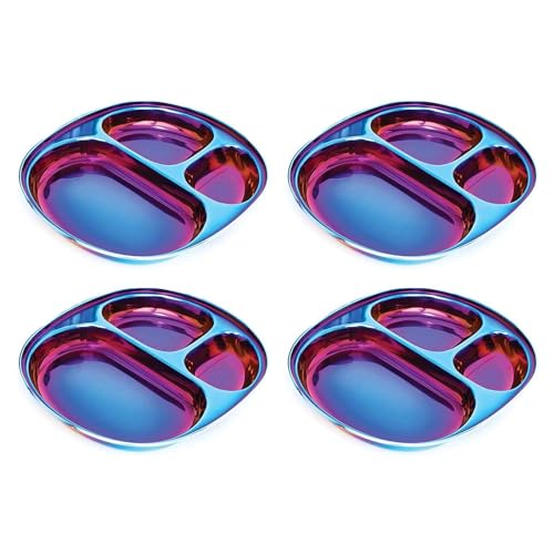 Image of Ahimsa Stainless Steel Plates for Kids - Divided Plates for Toddlers, Pediatrician Designed, Non Toxic Toddler Plate, BPA Free & Dishwasher Safe (Blue Set of 4)