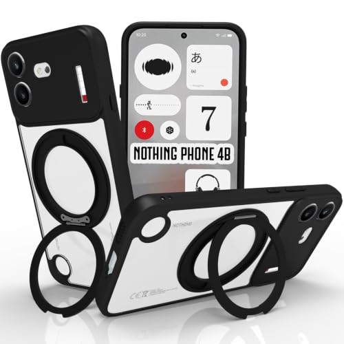 Image of RIGGEAR Shockproof Sleek Hybrid Armor 360 Rotating Magnetic Ring Stand Back Cover Case Compatible with MagSafe Accessories for Nothing Phone 4b 5G (Clear PC + Black TPU Bumper)