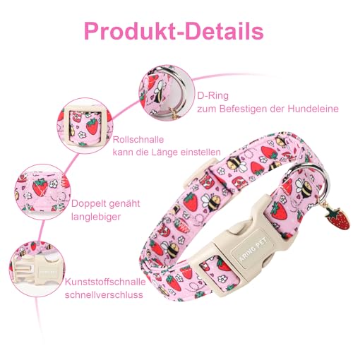 ARING PET Sommer Hundehalsband, Erdbeer Hundehalsband mit Schnellverschluss aus Kunststoffschnalle, Bequemes Baumwoll Halsband für Jungen und Mädchen Hunde