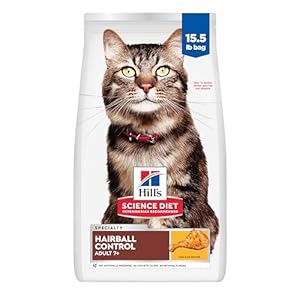 Hill’s Science Diet Hairball Control, Senior Adult 7+, Hairball Control Support, Dry Cat Food, Chicken Recipe, 15.5 lb Bag
