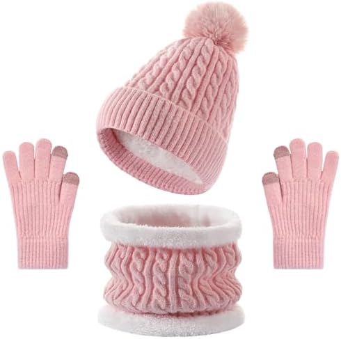 ETTZ Kids Winter Hat Gloves Scarf Set, Winter Hats and Gloves for Girls with Pom Knit Neck Warmer Gaiter Mittens Fleece Lined Set for Kids Age 6-12