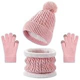 ETTZ Kids Winter Hat Gloves Scarf Set, Winter Hats and Gloves for Girls with Pom Knit Neck Warmer Gaiter...