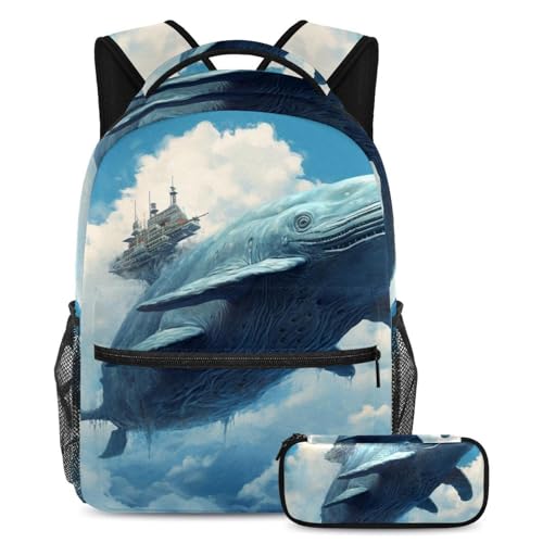 Cartable baleine marine grand sac à dos scolaire avec trousse fille garçon classe primaire