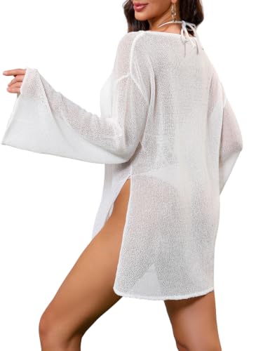 Image of Beach Swimsuit Cover Up Women Dress Bathing Suit 3XS-6XL | Sparkle Lightweight Sheer Sexy Plus Size Crochet Mesh Kaftan Long Sleeve One Piece Vacation Outfits Top Pool Summer Resort