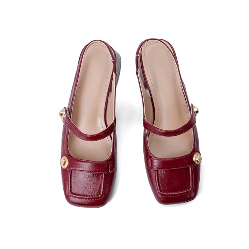 Image of Slingback Mary Jane Heels for Women Low Block Heel Closed Square Toe Pump Shoes Heels Classic Daily Office Dressy Shoes