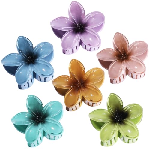 CHANDAT Flower Hair Clips 6 PCS Hawaiian Claw Clips for Vacation Hibiscus Hair Claw Cute Large Hair Clips for Thick and Thin Hair Plumeria Hair Accessories for Women Girls - Deep Multicolor