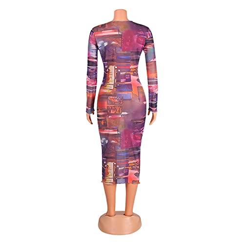 Uni Clau Women Sexy Long Sleeve Printed Sheer Mesh Bodycon Midi Dress See Through Slim Fit Tight Party Clubwear Long Dress Purple L #TOP5