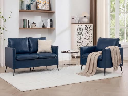Image of TYBOATLE Leather Loveseat Sofa and Accent Chair Set (Blue, 2)