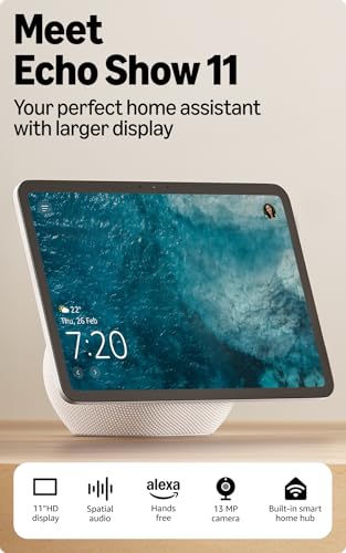 Image of Amazon Echo Show 11 (newest model), vibrant 11 inch Full HD display with spatial audio & Alexa, new sleek design, smart home controls, 2x bass speaker, 13 MP camera, bluetooth, Glacier White