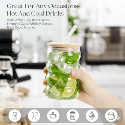 Image of Nuvelle Glass Mug Tumbler with Bamboo Lid and Straw 520ml, for Cold Drinks, Smoothies, Coffee | Ripple Wave Spiral Ring Cup | Coffee Glass Tumbler with Bamboo Lid and Straw (Light Gold)