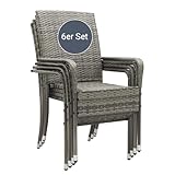 Juskys Polyrattan Gartenstühle Yoro 6er Set - mit Armlehnen & Rückenlehne 6 Stühle stapelbar - Rattan Stuhl Garten - Stapelstuhl Grau-meliert