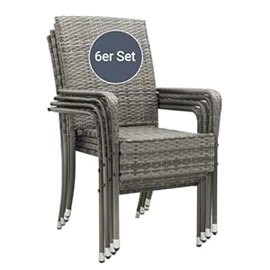 Juskys Polyrattan Gartenstühle Yoro 6er Set - mit Armlehnen & Rückenlehne 6 Stühle stapelbar - Rattan Stuhl Garten - Stapelstuhl Grau-meliert