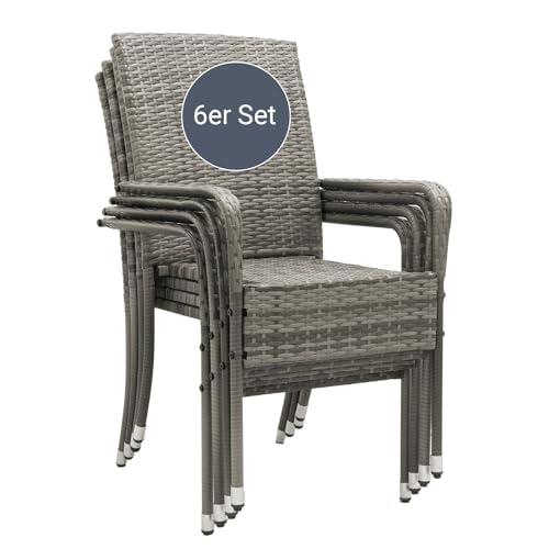 Juskys Ensemble de 6 chaises de Jardin Yoro en rotin avec accoudoirs et Dossier - 6 chaises empilables - Chaise en rotin pour Le Jardin - Chaise empilable Chaise de...