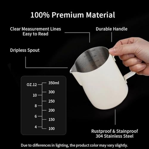 Image of watchget 12oz Milk Frothing Pitcher Stainless Steel Espresso Steaming Jug | Internal Scale, Milk Coffee Cappuccino Latte Art Barista Steam Pitchers,Barista Coffee Bar Accessories, 350ml, Creamy White