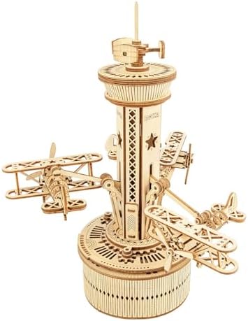 ROKR 3D Wooden Puzzle Airplane Tower Music Box - DIY Mechanical Biplane Toys Building Kit 10", Hands-on Activity Gifts for Men/Women/Parents/Family
