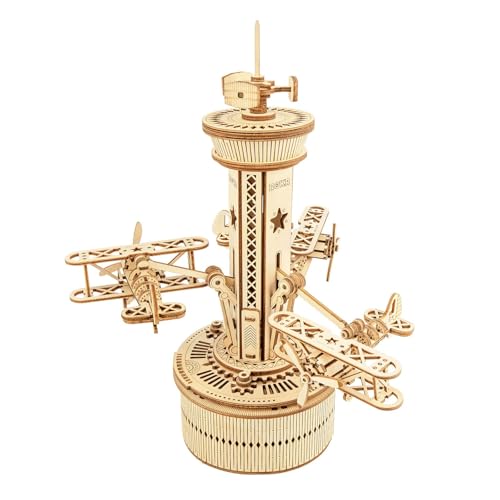 ROKR 3D Wooden Puzzle for Adults Airplane Tower Music Box - DIY Mechanical Model Building Kit 10',...