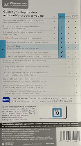 Image of TurboTax Deluxe 2024 Tax Software, Federal / State + Federal E-File [Physical Key Card]