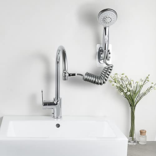Bretoes Waschbecken-Wasserhahn-Schlauchsprüher, 1,5 m Brauseschlauch, Silber, 5 Adapter, Einstellbarer Brausehalter, Edelstahl, Duschbrause-Set
