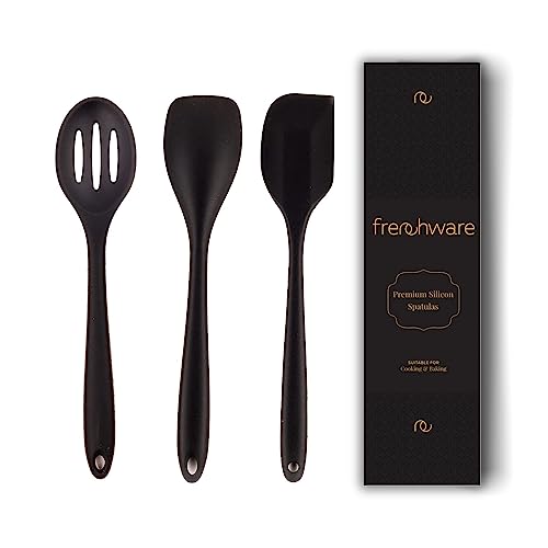 Frenchware (Set of 3) 2 Spatulas and 1 Spoon, Non-Stick Silicon Spatula Set for Cooking & Baking, Seamless Design, Heat-Resistant -40°C to 230°C, Food-Grade & BPA-Free, Dishwasher Safe (Black)