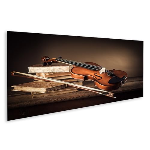 islandburner Prime Imagen sobre lienzo Violín con libros antiguos sobre mesa de madera - Lienzo 120 x 40 cm - Panorama