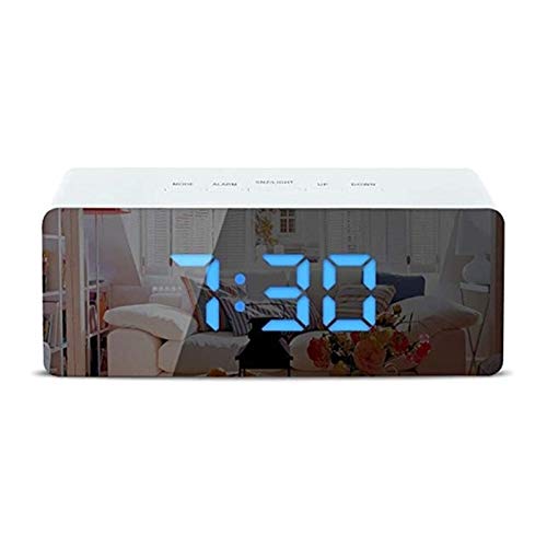 QGT WALL CLOCK LED Mirror Alarm Clock Digital Snooze Table Clock Electronic Time Temperature Large Display with Wake Up Light Blue Light