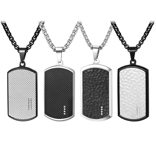 JewelryWe Dog Tag Kette Herren: 4 Stück Kariert Gehämmert Edelstahl Zirkonia Militär Erkennungsmarke Hundemarke Dogtag Anhänger Halskette mit Gravur Geschenk für Männer Jungen