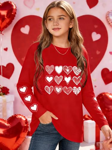 Image of Girls Valentines Day Shirt:Cute Heart Graphic Long Sleeve Tee Tops 6-14y