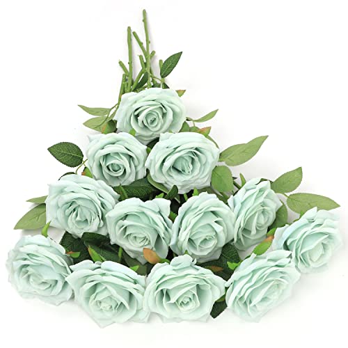 LVEFIT Artificial Rose Flower Sage Green Flowers Sage Green Roses Silk Flowers 12 pcs with Long Stem Silk Roses Bouquet for Wedding Bridal Shower Part Home Decoration