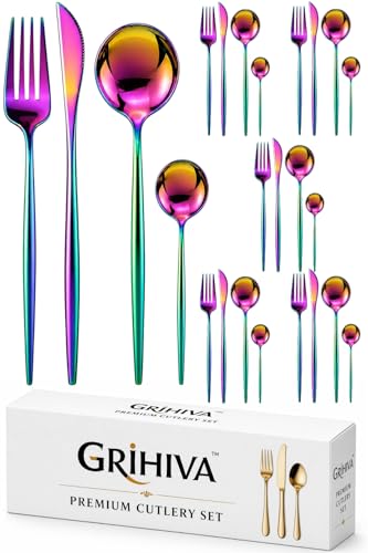 Image of 24 Pcs Rainbow Slim Handle Stainless Steel Cutlery Set for Dining Table with Spoons and Forks Set + Butterknives - The Perfect Tableware /Flatware