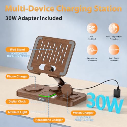 Image of 30W Charging Station for Apple Products,Foldable Wireless Charger with Clock Display&7 Color Light,Wired Charging for iPad /Tablet Charging Station for iPhone17, for Apple Watch11for AirPods4(Woodgrain
