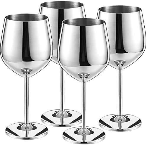 Set of 4 Stainless Steel Wine Glass 18 oz Silver Unbreakable Wine Glasses Elegant Modern Wine Glasses Portable Metal Wine Glass Wine Cup with Stems Stainless Steel Wine Tumbler for Drinking Goblets