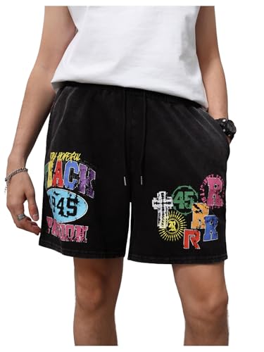 GORGLITTER Men's Graphic Shorts Y2k Vintage Straight Leg Streetwear Denim