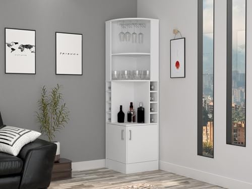 Rustic Farmhouse Corner Cabinet with Double Doors, 8 Bottle Cubbies & 2 Open Shelves - Stylish Storage for Wine & Home Décor