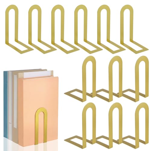 Chunful 12 Pcs Gold Modern Metal Book Ends for Shelves Decorative Small Bookends Book Shelf Organizer Minimalist Design Stopper to Hold Books for Home Office (5.5 * 3.75 * 2.25inch)