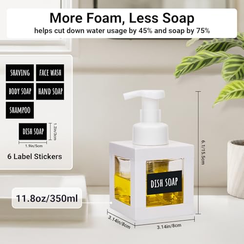 Image of Segbeauty 11.84oz Foaming Soap Dispensers, 2pcs 350ml Refillable Dish Soap Foam Dispenser with Labels for Kitchen Sink, Square Hand Soap Dispenser Pump Bottles Shower Containers for Shampoo Bathroom