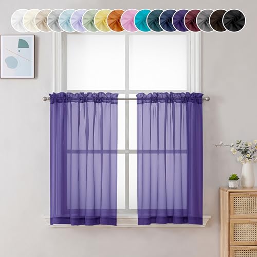 Image of Chyhomenyc Sheer Purple Tier Curtains 24 Inch Length, Small Window Curtains Treatment for Bathroom Living Room Basement, Short Rod Pocket Cafe Curtain, 42W x 24L Inches, 2 Panels