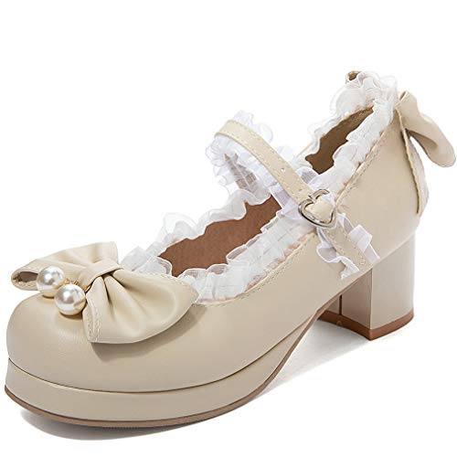 Image of LUXMAX Women Kawaii Mid Block Heel Mary Jane Rockabilly Pumps with Bow Platform Chunky Heel Cute Sweet Shoes