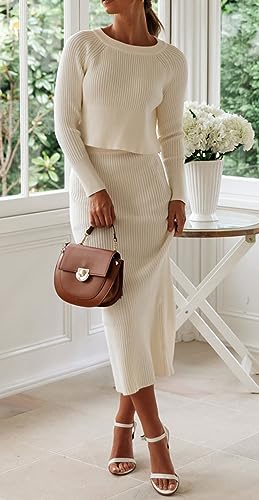 Image of CHARTOU Women Two Piece Sweater Skirt Set Outfits Knit Sweater Top Pullover Knitted Slit Bodycon Pencil Skirt (One Size, White)