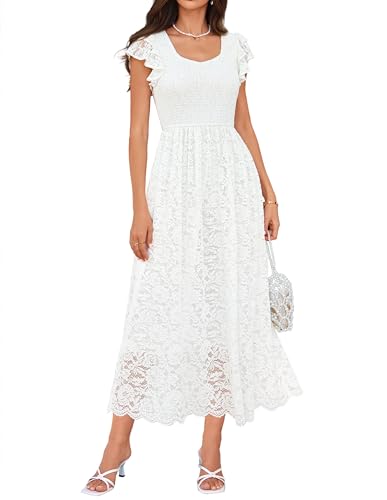 GRACE KARIN Womens Summer Maxi Dress 2026 Formal Wedding Guest V Neck Dresses Ruffle Sleeve Lace Long Clothes with Pockets White XL