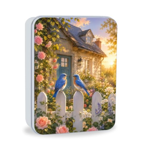 Image of Decorative Metal Tin Box with Lid,Bluebirds Fence Flower Organizer