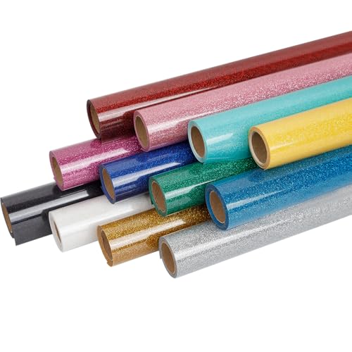 FUNKAKA Glitter Heat Transfer HTV Vinyl Bundle, 12 Rolls 12" x 3ft Iron On Vinyl for T-Shirt 12 Assorted Colors Glitter HTV Vinyl for All Cutter Machines Easy to Cut