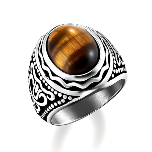 Image of THE MEN THING Vintage Tiger Eye Stone Rings for Men | Luxury Solid Pure Titanium Stainless Steel Ring Jewellery (Tiger Eye Stone - Stainless Steel, 17-21- 24)
