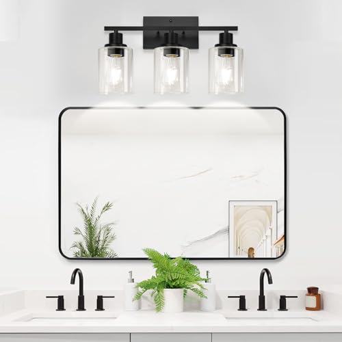 Image of MOKATNG 3-Light Bathroom Light Fixtures, Vanity Light with Clear Glass Shades, Matte Black Bathroom Light Fixtures Over Mirror, Modern Bathroom Wall Lamp for Mirror Living Room Cabinet Bedroom