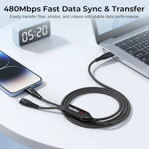 Image of Verilux Type C Splitter Charging Cable 1 to 2, 140W PD Fast Charging USB C to Dual USB C Cable Nylon Braided Cord, Dual Device Charging Cord with 480Mbps Data Sync, for Phone, Tablet