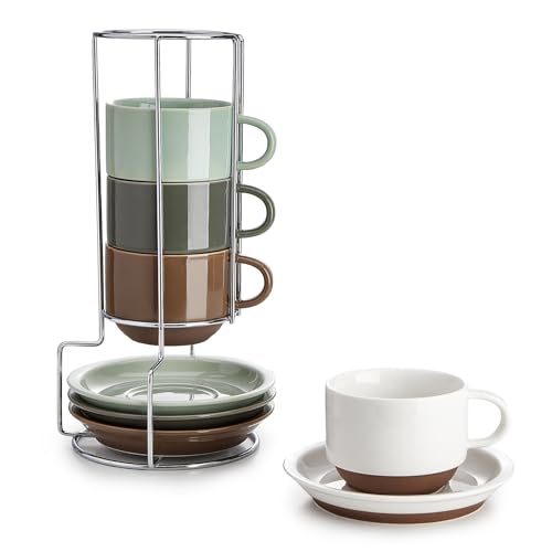 Sweese 8 Ounce Cappuccino Cups Set of 4, Porcelain Stackable Coffee Cups with Saucers and Metal...