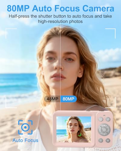 Image of 5K Digital Camera, 80MP Dual Screen Autofocus Vlogging Camera, 18X Zoom Point and Shoot Camera for Photography, Flash, 32GB Card, 2 Batteries, Compact Camera for Teens Adults (Pink)