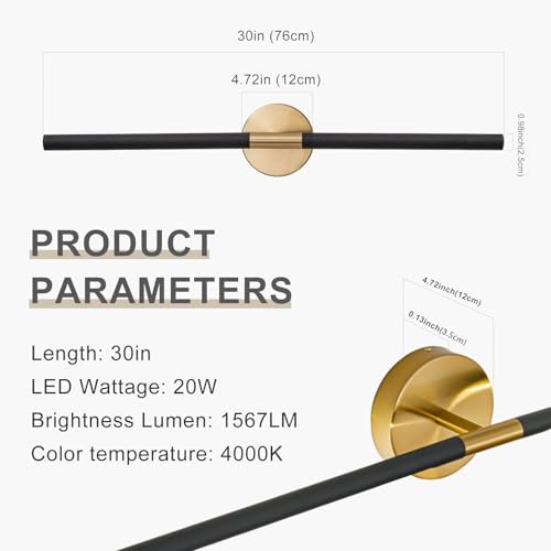 Image of Modern Bathroom Light Fixtures Over Mirror 29.5 Inch, 20W 360 Rotatable Dimmable 4000K Led Vanity Light Bar, Black and Gold Bathroom Vanity Lights Above Mirror