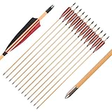 32inch Wooden Arrows for Recurve Bow, 12 Pack Archery Arrows for Traditional Longbow, Wood Arrows with Handmade Shaft & 5”Feathers Hunting Shooting Practice in Backyard and Tournaments (Plastic Nocks)